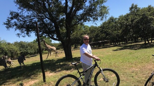 Bicycle safari in Malawi with giraffe and zebras running behind me