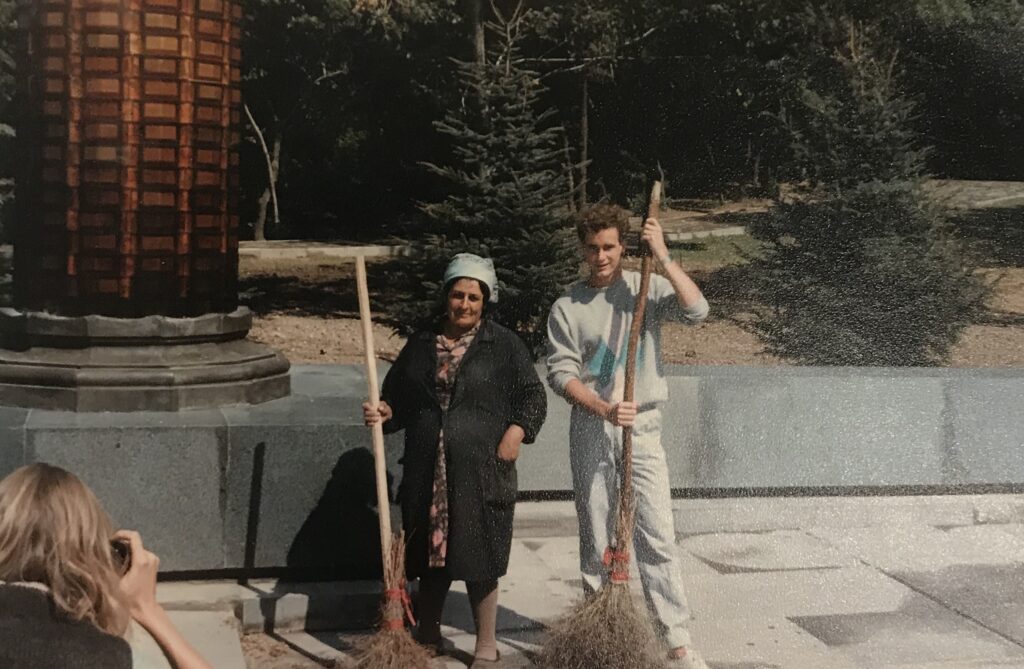Helping a babushka clean up a park in Tiblisi in 1987!