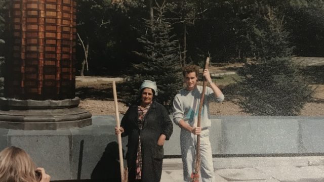 Helping a babushka clean up a park in Tiblisi in 1987!